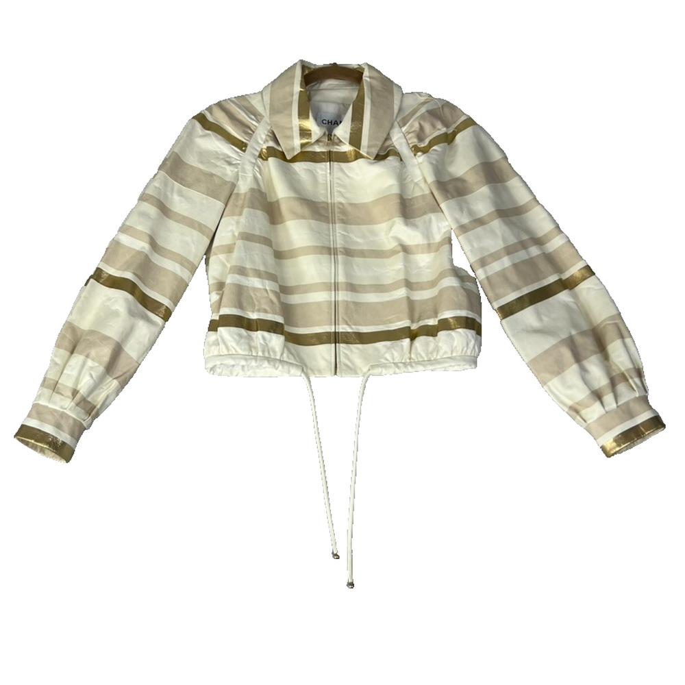 Chanel Lambskin Leather Jacket Women's Size 36 Beige & Gold Stripe Detail Zip